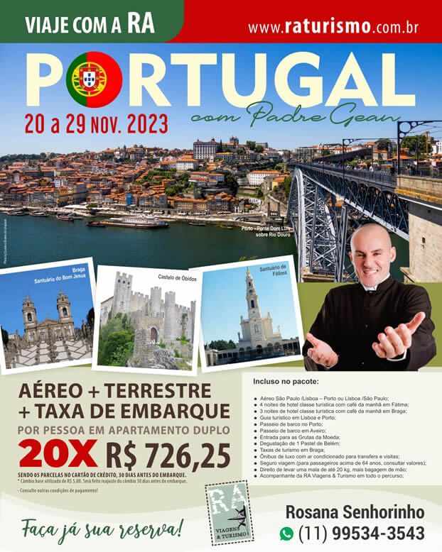 FLYER ROTEIRO PORTUGAL COM PADRE GEAN NOVEMBRO 2023 COM FOTO